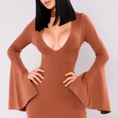 Rustish Color, Bell Sleeves , Very Stretchy, Never Worn . No Flaws Brown V-neck Mini Dress For Party, Brown Mini Length Bodycon Dress For Winter, Brown V-neck Mini Dress For Date Night, Brown Stretch V-neck Bodycon Dress, Stretch Brown V-neck Bodycon Dress, Chic Brown Bodycon Dress For Fall, Winter Brown Mini Length Bodycon Dress, Brown Fitted V-neck Bodycon Dress, Brown Stretch Dresses For Winter