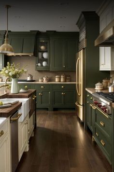 a kitchen filled with lots of green cabinets and white counter top space next to an oven