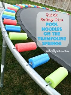 pool noodles on trampoline springs with text overlay that reads quick safety tip pool noodles on trampoline springs