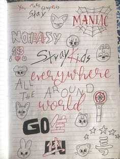 an open notebook with writing and doodles written on it that says, stoppy kids everywhere around the world