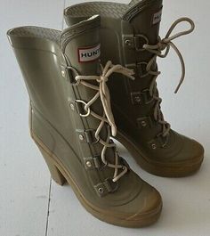 ad eBay - Hunter Gabby Lace-Up Heeled Rain Boots - Green And Tan -Women’s Size 7 US  MINT - Buy Now, click the link (eBay) Tan Women, Heeled Rain Boots, Tan Woman, Boot Shoes Women, Click The Link, Women's Boots, Rain Boots, Buy Now, Womens Boots