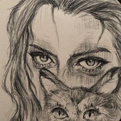 a drawing of a woman with two cats in front of her face and one cat behind her head