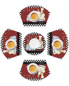 four place mats with coffee cups and chefs on them, all decorated in black and white checkerboard