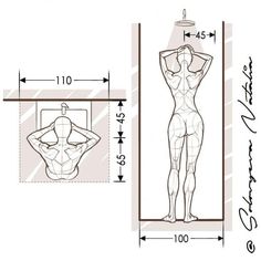 a drawing of a female mannequin standing in front of a wall with measurements