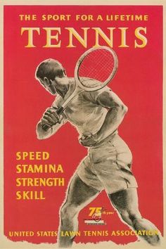 an old tennis poster with a man holding a racquet in his right hand