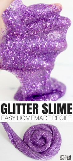 a purple glitter slime is being held up by someone's hand with the text,