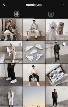 a collage of photos showing men in white and black outfits, with one man sitting on a couch