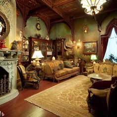 a living room filled with furniture and a fire place under a clock mounted on the wall