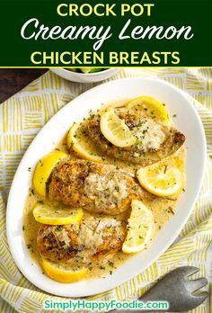 Crock Pot Creamy Lemon Chicken Breasts is a delicious family meal! Serve this tasty creamy, buttery, lemony chicken with pasta, mashed potatoes, or even rice. This slow cooker creamy lemon chicken breasts recipe is sure to become a family favorite! A nice slow cooker chicken breast recipe! simplyhappyfoodie.com #crockpotlemonchicken #slowcookerlemonchicken #crockpotchickenbreast #slowcookerchickenbreast Creamy Lemon Chicken Crockpot, Lemon Chicken Breast Recipes, Chicken With Pasta, Slow Cooker Lemon Chicken, Lemony Chicken, Chicken Breasts Recipe