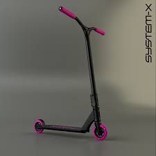 the scooter is black with pink wheels and has a light on it's side