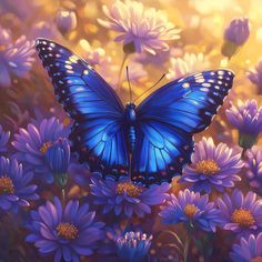 a painting of a blue butterfly sitting on purple daisies in the sunlit field