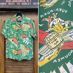 Vintage 1940's Original Cartoon Tropical Trader Jon's Print Rayon Hawaiian Shirt. Tag Size S. Please check the measurements below.  Good condition.  Minor staining on bottom front. (see photos) The label is  "National".  Original 1940's.  Loop collar Hawaiian shirt with Trader Jon tiki pattern.   All Sales Final.   Please ask any questions before purchase.   Take a look at our Store for more Vintage Clothing - VintageOnHollywood.   MEASUREMENTS  Shoulder to Shoulder: 18" Underarm to Underarm: 20 Tiki Pattern, Shirt Tag, Salamanca, Hawaii Shirt, Samoa, Mens Oxfords, Short Coat, Hawaiian Shirt, Vintage Clothing