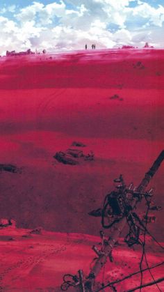 an artist's rendering of a red desert with cars and people in the distance