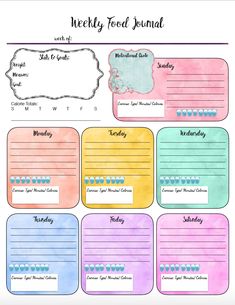 the printable weekly food journal is shown in watercolors and pastel colors