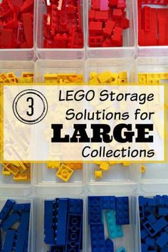 lego storage containers filled with small red, yellow and blue bricks that are stacked together