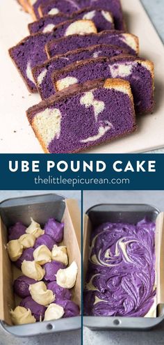 ube pound cake being served above images of it being prepared in a cake pan Ube Dessert Recipe, Ube Dessert, Simple Dessert, Warm Cake