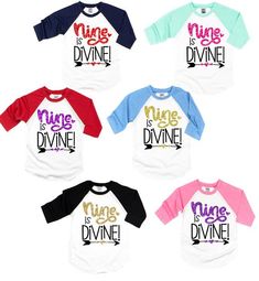 Nine is Divine! The perfect birthday shirt for your fabulous 9 year old!►Need to add a name and/or number to the back of these tees? No problem, you can purchase the additional lettering here:https://www.etsy.com/listing/262819904/add-on-additional-lettering-to-the-back?ref=shop_home_active_1________________________________________________________Every tee is handmade to order with love.Printed on our Lightweight, Poly-Cotton Blend Short Sleeve Tees. These are unisex and can run larger on the gi Cute Number Print Tops For Birthday, Cute Tops With Number Print For Birthday, First Birthday Name Print Top, Party Long Sleeve T-shirt With Letter Print, Fun Long Sleeve Tops For Birthday, Multicolor Letter Print Tops For Party, Blue Tops With Text Print For Birthday, Pink Glitter Print Top For Birthday, Birthday Long Sleeve T-shirt With Text Print