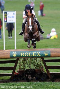 a person riding a horse jumping over a wooden hurdle on a grass covered field with spectators in the background