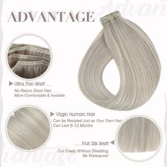 ITEM: PU Bundles 100% Remy Human Hair Sew In Hair Weft Color #19A/60 LENGTH AND WEIGHT: 50gram/pack HAIR COLOR: #19A Grey Blonde Highlight with #60 Platinum Blonde Sew In Hair Extensions HAIR QUALITY: 100% Virgin human hair extension Be able to ironed by your favor Very clean, natural, soft easily Weft hair extensions human hair, natural hairline, shedding free, no tangling. What is a Silk Weft? Silk wefts are a thinner form of regular, wefted extensions Silk weft extensions have no return hair Hair Extensions Highlights, Diy Hair Extensions, Weft Extensions, Sew In Hair Extensions, Grey Blonde, Blonde Highlight, Human Hair Color, Weft Hair Extensions, Extensions Hair