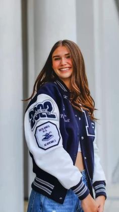 Varsity Jacket High School, Gray Shirt Outfit, Senior Jackets, School Outfits For College, Long Coat Men, Graduation Photography Poses, High School Seniors Photos