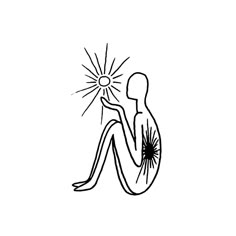 a black and white drawing of a person sitting on the ground holding a sunburst