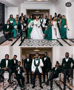 the wedding party is posing for pictures in their green and white outfits, while the grooms are wearing black tuxedos