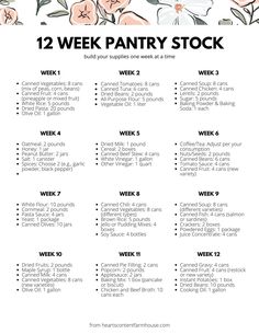 the 12 week pantry stock list is shown with flowers and leaves on it, including an image