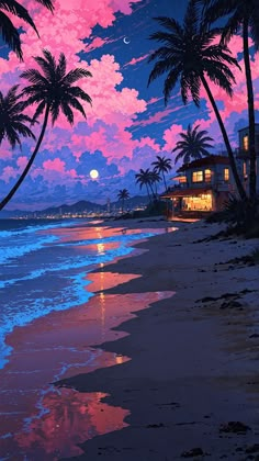 a painting of palm trees on the beach at night with a full moon in the sky