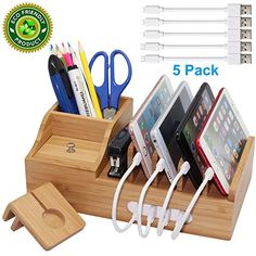 cell phone charging station in bamboo holder with 4 pens, scissors, and pencils