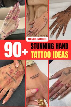 many different tattoos are shown on the hands and feet, including one that reads 90 + burning hand tattoo ideas