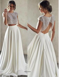 two piece wedding dress with open back and beaded crop top, white satin skirt