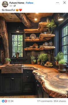 the kitchen is decorated in rustic wood and has black cabinets with open shelves that are filled with potted plants