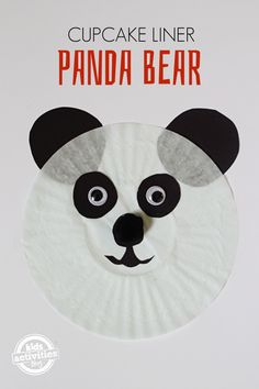 a paper plate panda bear with the words cupcake liner panda bear on it's face