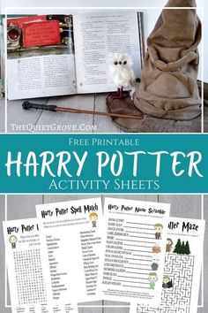 harry potter activity sheets with the text harry potter on it and an owl sitting in front of