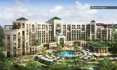 an artist's rendering of the hotel and pool area