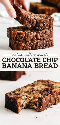 chocolate chip banana bread cut in half and stacked on top of each other with text overlay