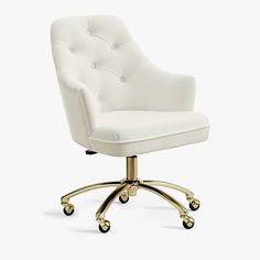 a white office chair with gold wheels and casteors