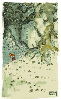 an illustration of a fox in the woods next to a tree with its head up