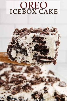 a piece of oreo icebox cake on a wooden spoon with the title above it