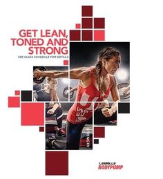 a woman in red shirt and black pants doing exercises on exercise equipment with text that reads get lean, tone and strong