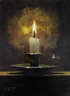 a painting of a lit candle on a table in front of a dark background with light coming from it