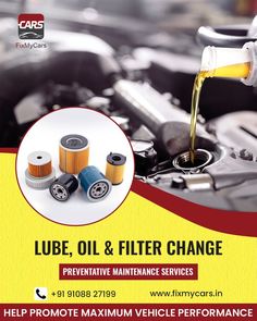 a poster advertising oil change and service in the process of being poured into a car's engine