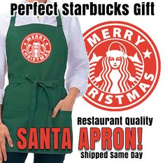 a woman wearing an apron and holding her hands in her pockets with the words, perfect starbucks gift