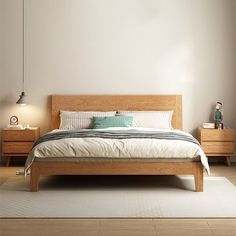 a bed sitting on top of a wooden floor next to two nightstands