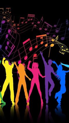 colorful silhouettes of children dancing with musical notes in the back ground and on top of them