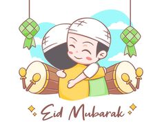 an image of a cartoon character that is smiling and holding onto a drum with the caption, eid mubarak