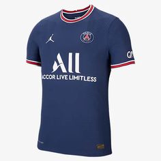 the nike paris saint - germain away jersey is shown in blue and white with red trims