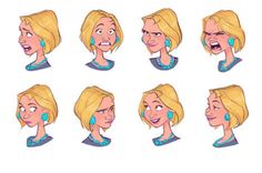 various facial expressions in the face of a woman with blonde hair and blue earrings on her head