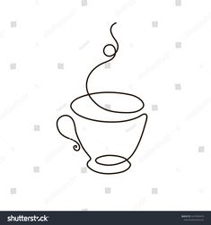 a coffee cup with steam coming out of the top, line drawing on white background