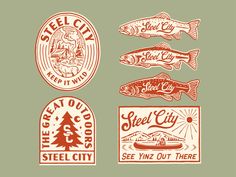 four stickers with different types of fish and trees in red ink on green background